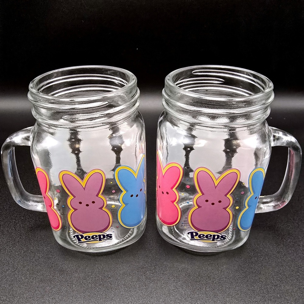 Peeps Bunny Glass Mason Jar Mugs Set of 2 Easter Pink Purple Blue Frankford Cup